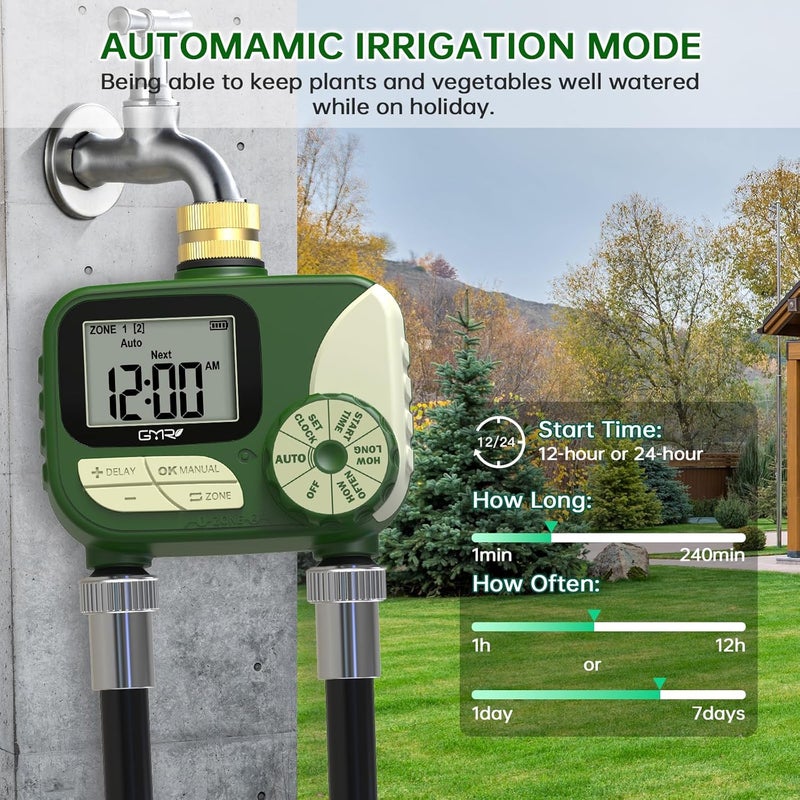 Gmr Hose Timers for Watering, Sprinkler Timer Outdoor with Brass Inlet, Water Timer for Garden Hose with Rain Delay/Manual/Auto Irrigation System, Programmable Garden Hose Timer for Yard, 2 Outlet - Image 4